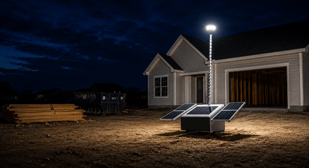 Nightpost mobile security tower lighting a residential construction site at night