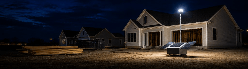 Nightpost mobile security tower lighting a residential construction site at night